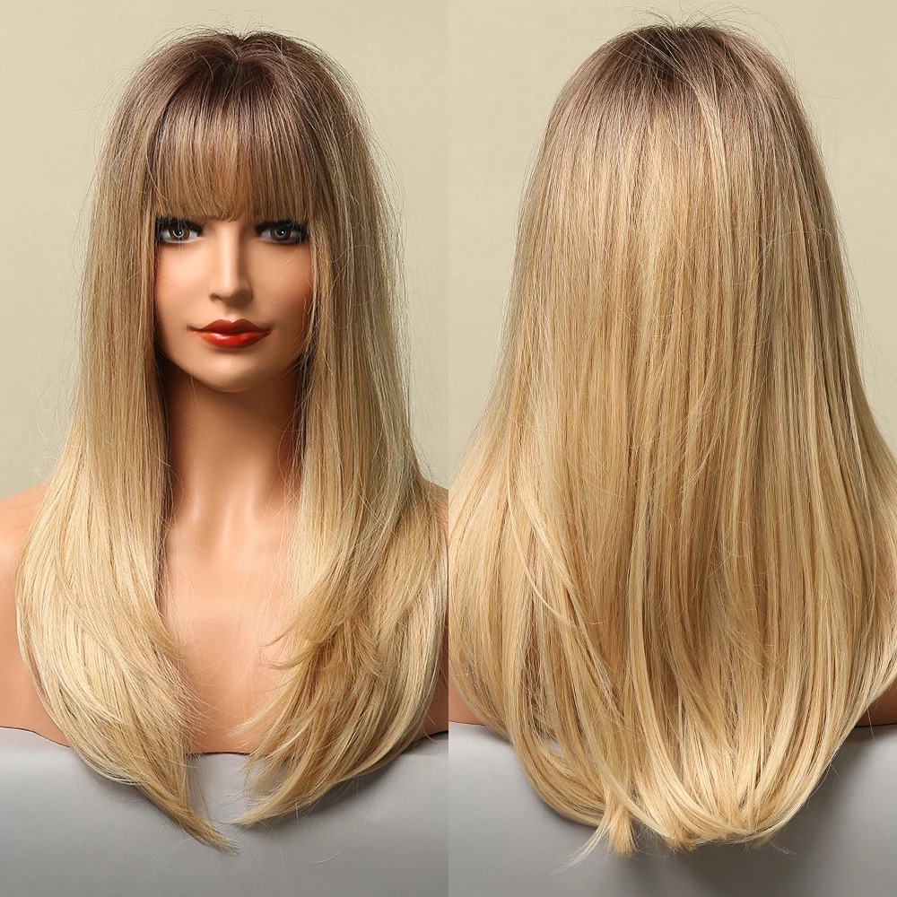 Blonde Straight Wigs with Bangs Synthetic Wigs for Women Daily Natural