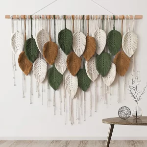 Large Macrame Wall Hanging Boho Woven Tapestry with Feather Leaf Design Modern Bohemian Wall Art & Chic Home Decor